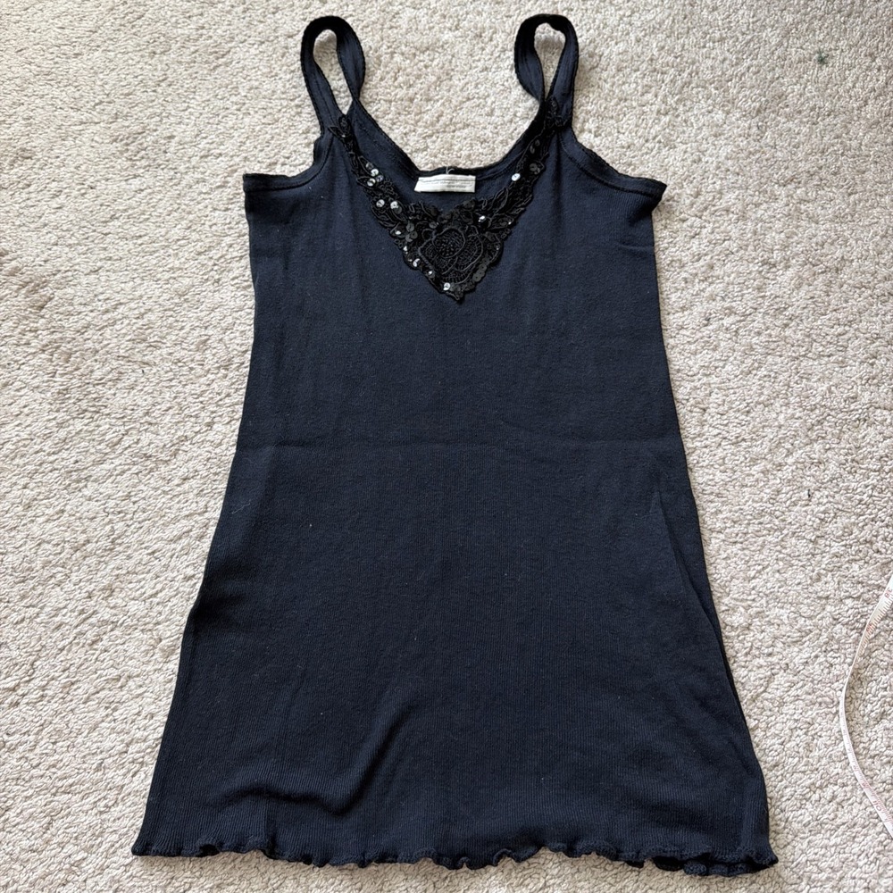 VTG MICHELE NICOLE WESLEY Navy COTTON KNIT SCALLOP HEM LACE CAMISOLE TANK Y2K M - Picture 1 of 6
